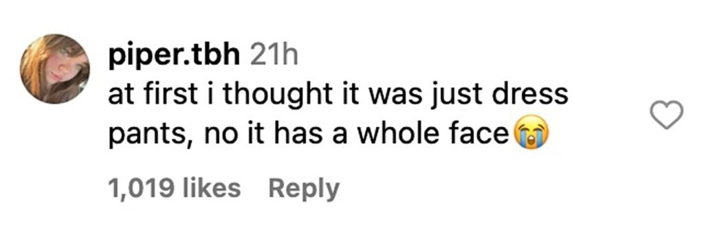 Social media comment on the post of Shoppers stunned by £129 trousers with a cheeky face cut-out for “fart ventilation” as viral Fashion Brand Company design sparks laughs with its quirky office-ready twist.