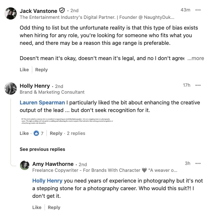 Social media comment on the post of Greg Williams Photography apologises after a job ad sparked outrage for listing a “preferred age,” with critics calling it discriminatory under the Equality Act 2010.