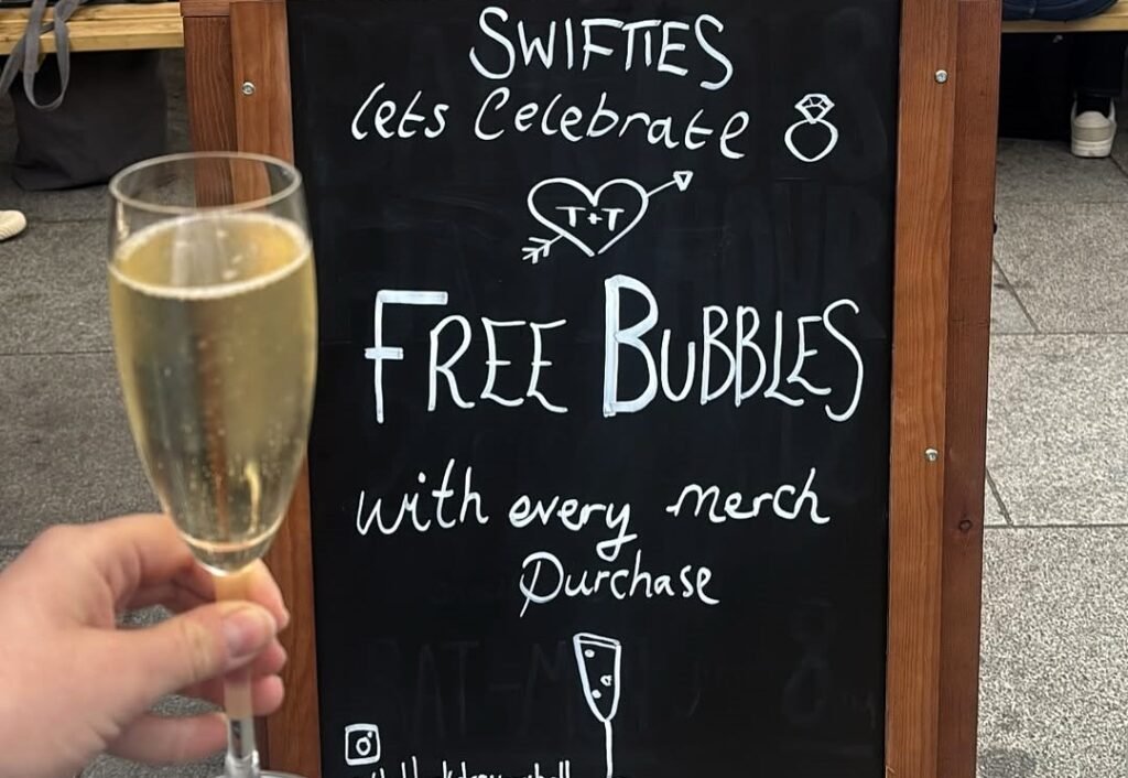 The Black Dog pub in London is celebrating Taylor Swift’s engagement to Travis Kelce with free bubbly and beers for Swifties who buy merch or sing her song The Black Dog.