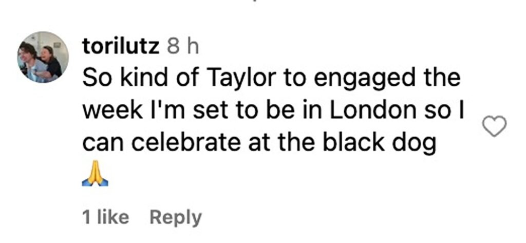 Social media comment on the post of The Black Dog pub in London is celebrating Taylor Swift’s engagement to Travis Kelce with free bubbly and beers for Swifties who buy merch or sing her song The Black Dog.