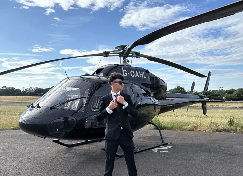 Teen entrepreneur Ahmet Karakaya arrived at prom in a £5,200 helicopter after earning £500k reselling online, stunning classmates with his James Bond-style entrance.