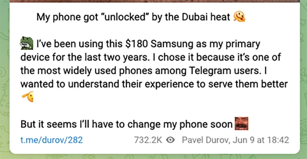Telegram billionaire Pavel Durov, worth £12.2bn, still uses a battered £142 Samsung to experience the app like his users, though Dubai’s heat may force an upgrade.