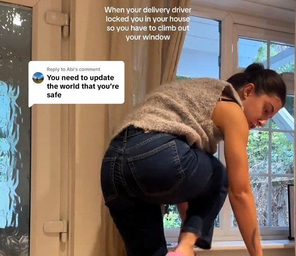 A woman was trapped in her home after a courier wedged her Amazon parcel under the door handle, forcing her to climb out a window in a bizarre delivery blunder.